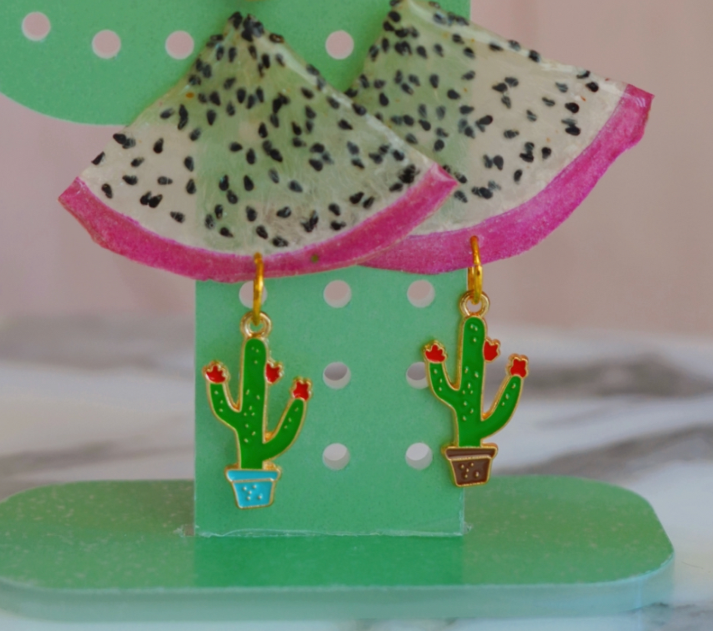 Dragon Fruit Earring with Cactus Charm (Style 4)