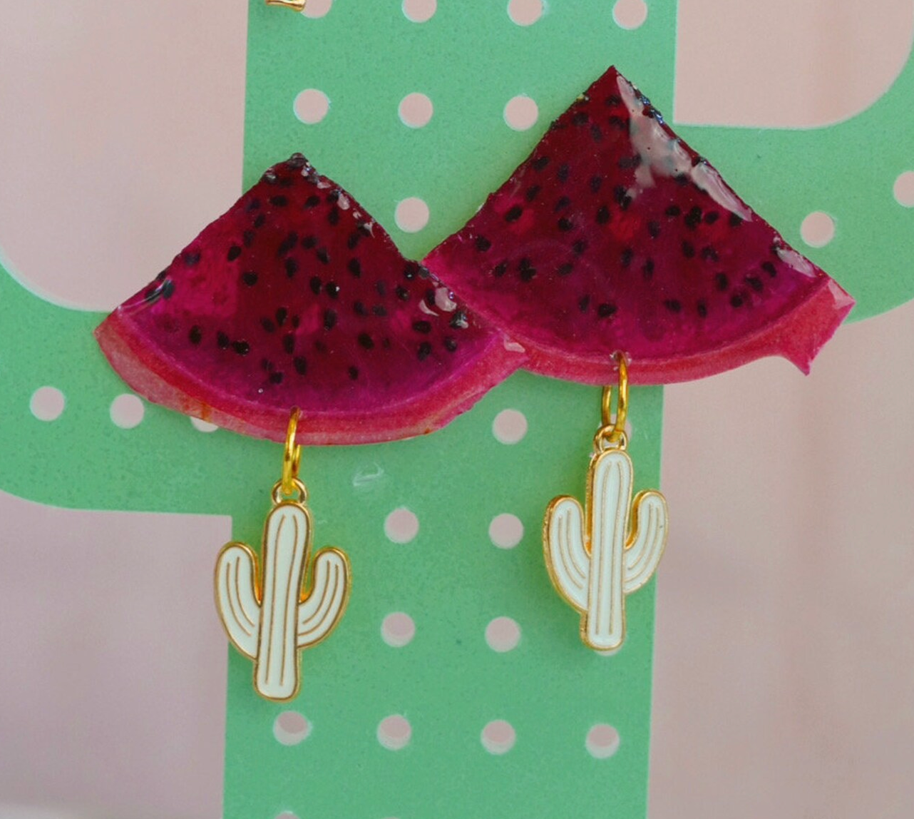 Dragon Fruit Earring with Cactus Charm (Style 1)