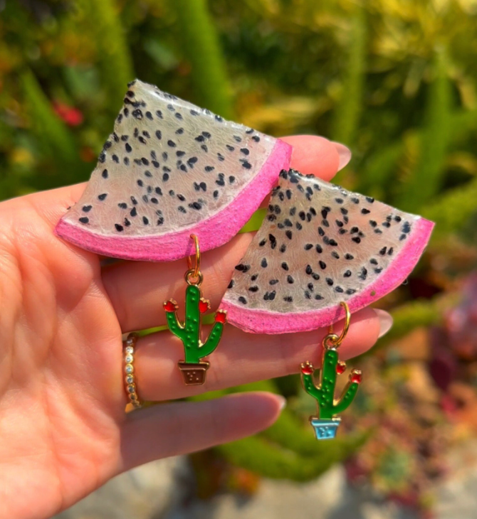 Dragon Fruit Earring with Cactus Charm (Style 4)